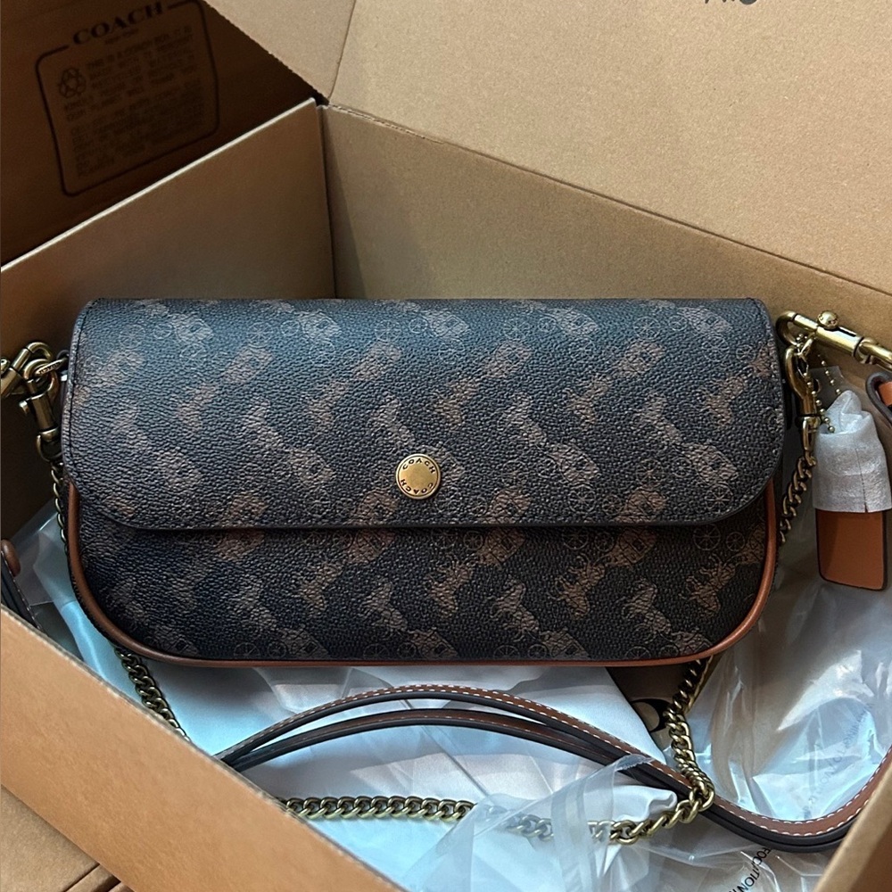 Coach Brown Signature Flap Shoulder Bag with Tan Trim